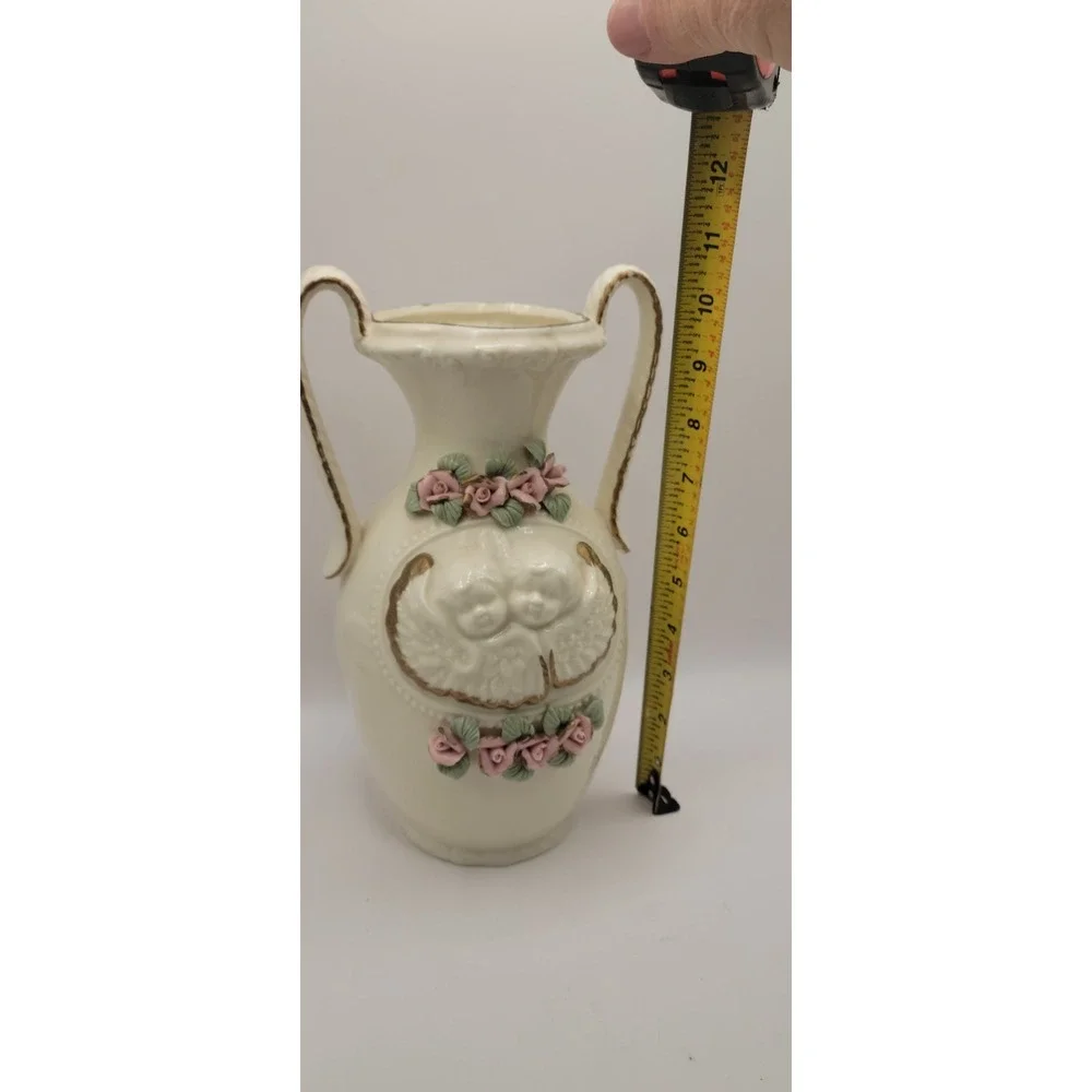 Vintage Cherub Angel Vase Ivory Ceramic 10